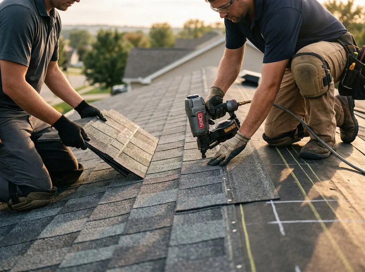 Professional roofer working on a residential roof in Bonadelle Ranchos